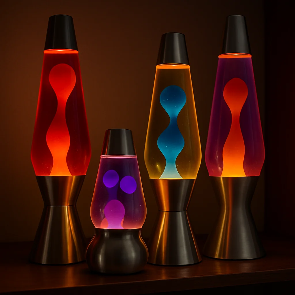 A collection of classic Mathmos lava lamps in different colours and sizes, glowing warmly on a shelf